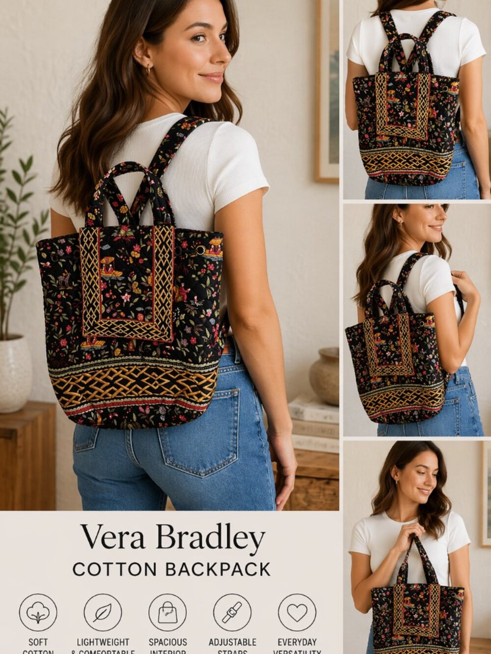 Vera Bradley Black Floral Cotton Backpack Medium Drawstring School Travel